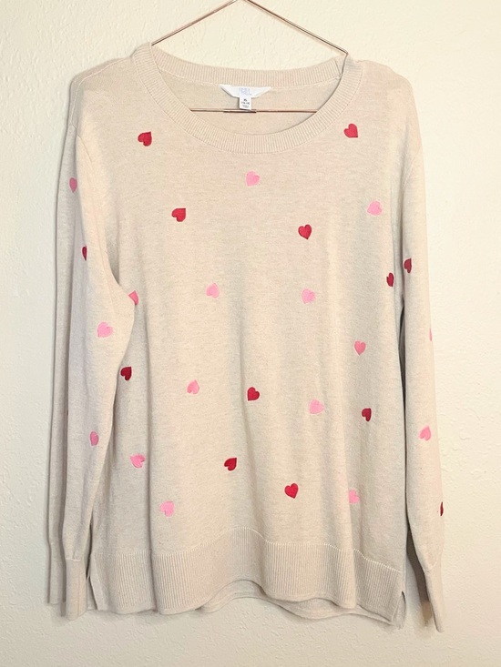 Time and Tru Sweaters - Heart Print Sweater Beige Pink Red Valentines Lightweight XL